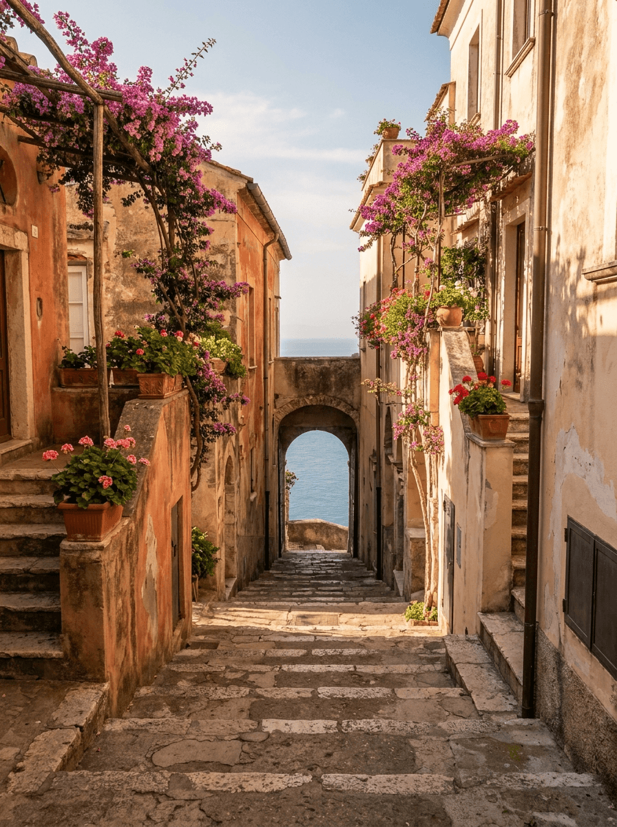 Eine mit Bougainvillea bewachsene Gasse in Ravello mit Blick auf das Mittelmeer